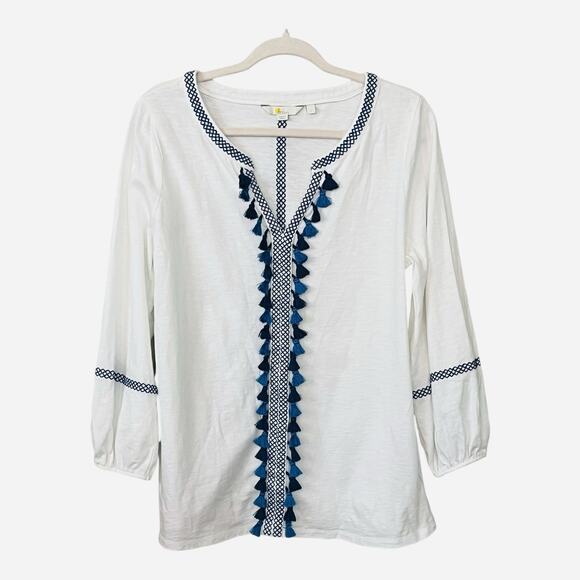 Boden Alison Tunic Top Sz L Pullover Tassels Embroidered Boho Coastal Blue White - Picture 3 of 11